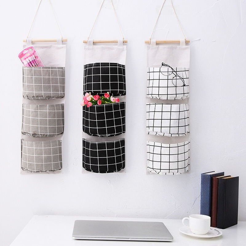 Linen Bag Bulk - Ekose Pamuklu Keten Asılı Saklama Çantası